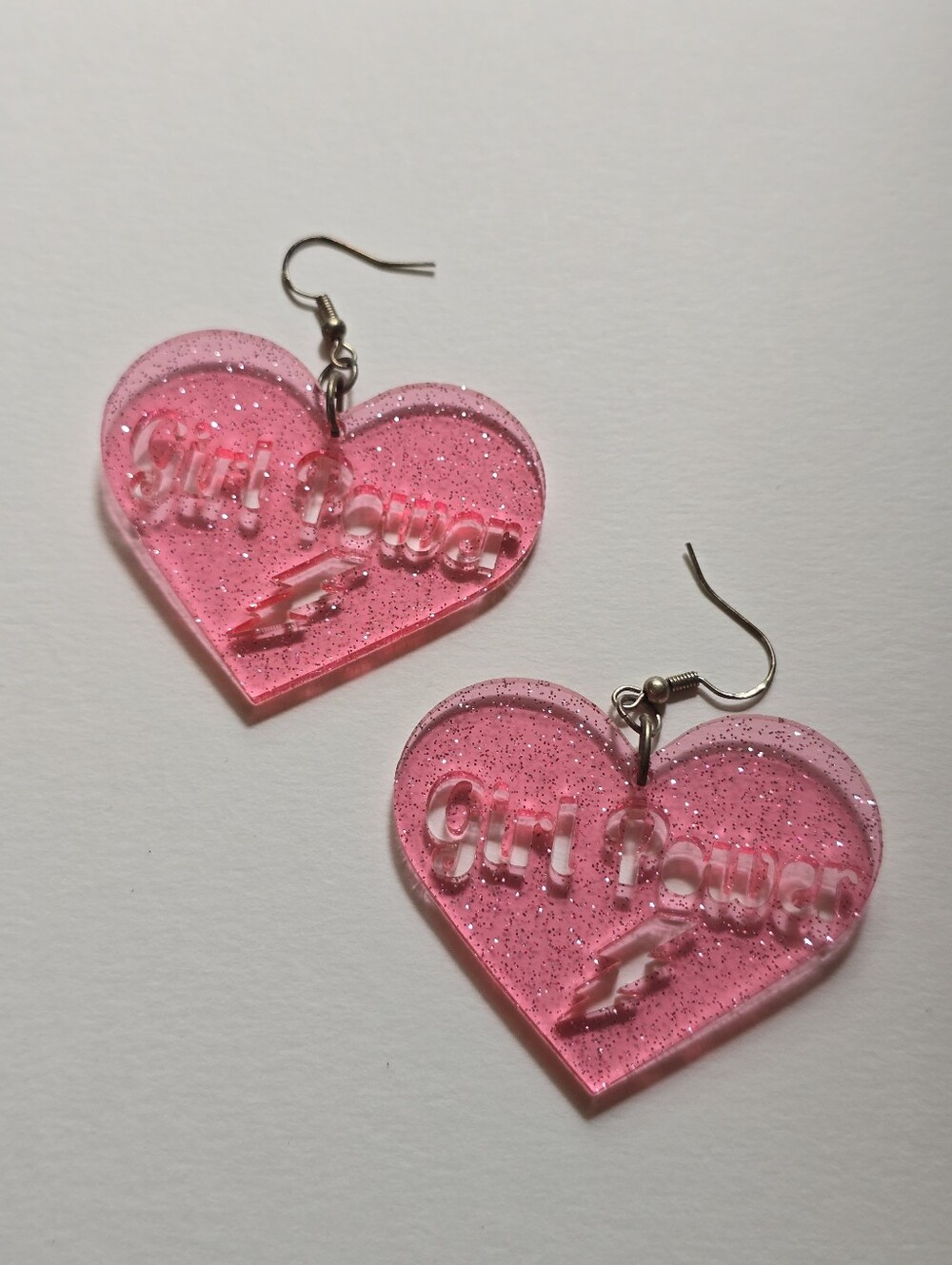 Pink 'Girl Power' Glitter Heart Earrings